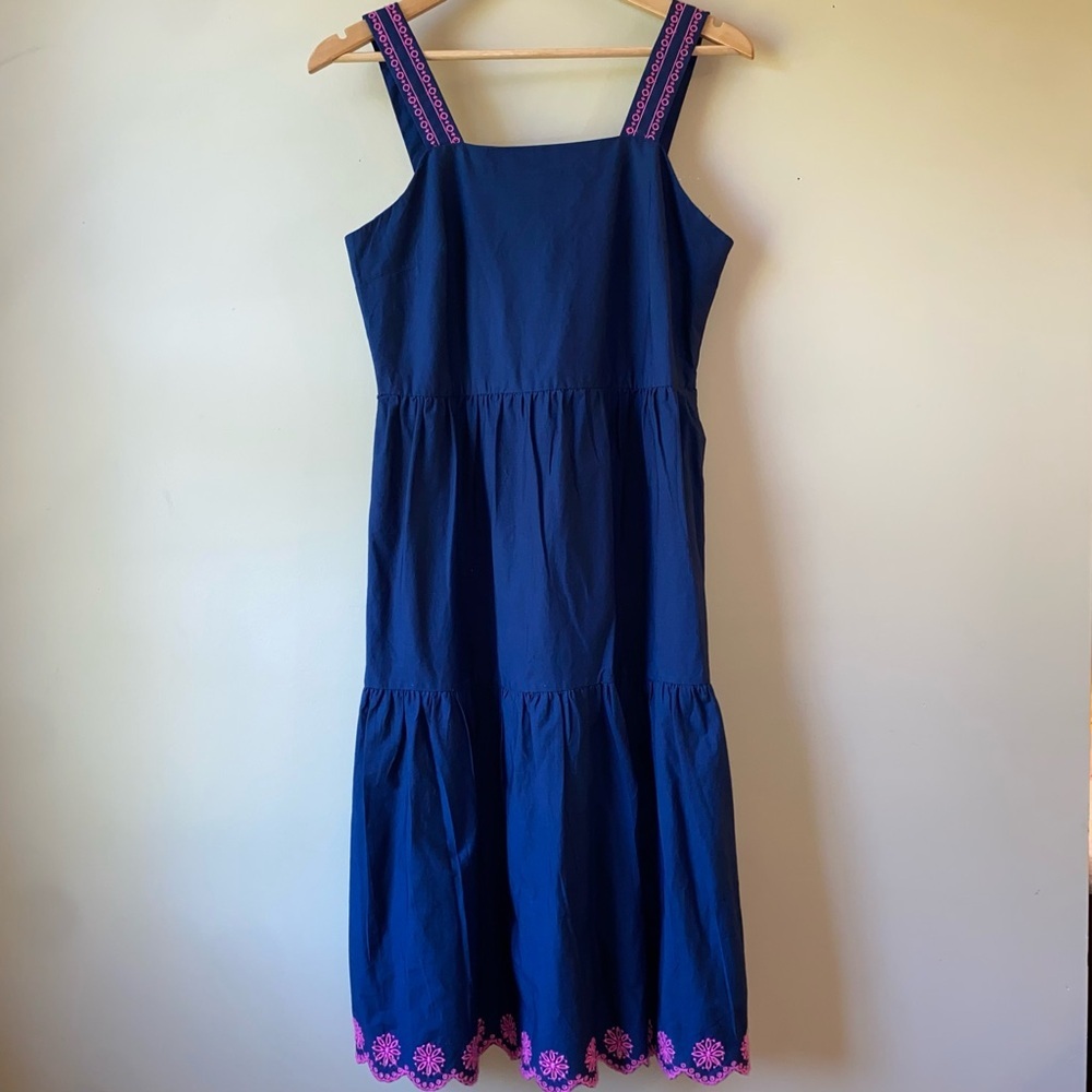 J. Crew Navy Midi Dress Pink Floral Embroidery Women’s Size 4 Sleeveless NWT